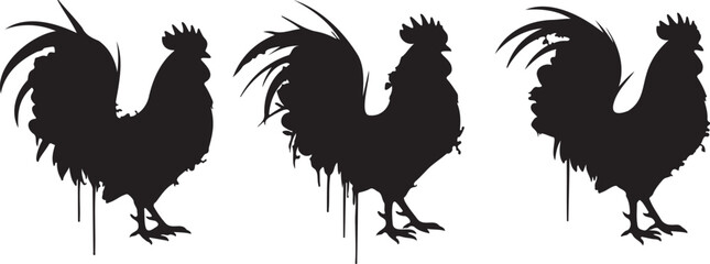 Grunge rooster silhouette set with paint drips, rustic farm bird vector collection, black cockerel stencils for organic food branding and logos © Caleb