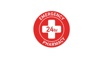 Fototapeta premium Round Red Emblem Illustrates 24hr Emergency Pharmacy Availability And Immediate Assistance.