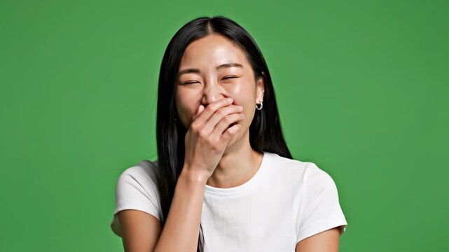 Joyful young woman laughing against vibrant green background