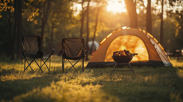 Bright outdoor camping setup with single tent, two folding chairs, and small fire pit glowing warmly in golden sunlight of forest clearing