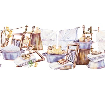 Seamless watercolor border, clean white laundry on clotheslines rustic washbasins wooden washboard tree stump clothespins yellow ducklings, buttercups Spring village laundry scene, cottagecore designs