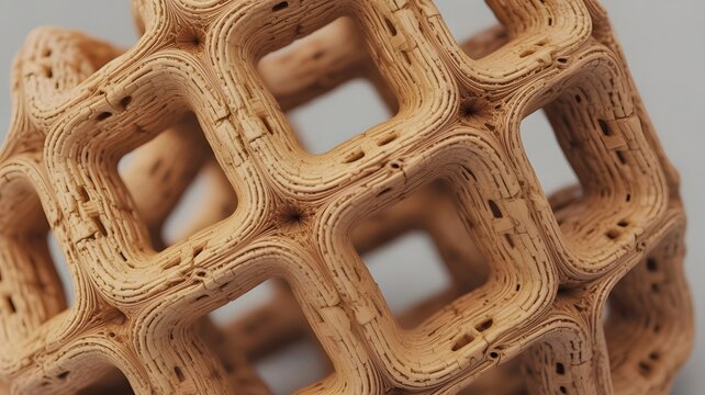 Organic 3D printed lattice structure with wood filament texture, complex geometric additive manufacturing prototype, porous parametric design object for architecture and engineering