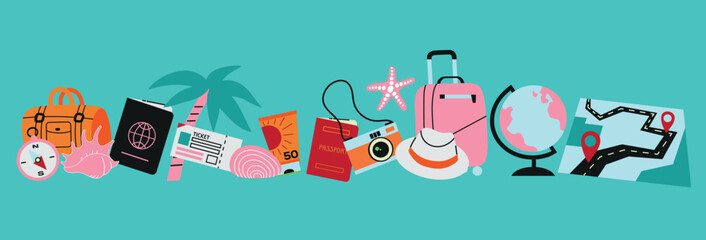 Obraz premium Banner with travel and vacation elements in a flat doodle style, isolated on turquoise background. Composition featuring suitcase, globe, map with pins, passport, camera, sunglasses, palm tree, and se