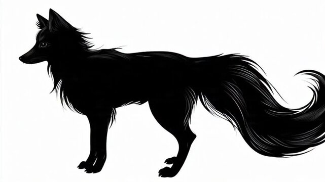 Black Fox Silhouette Illustration with Long Elegant Bushy Tail