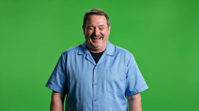 Happy man laughing and smiling in casual blue shirt against green background