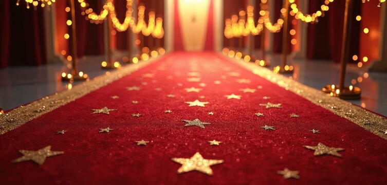 Empty red carpet with golden stars leads to bright entrance. Festive lights and velvet curtains create glamorous atmosphere for special event, awards ceremony, or VIP party.