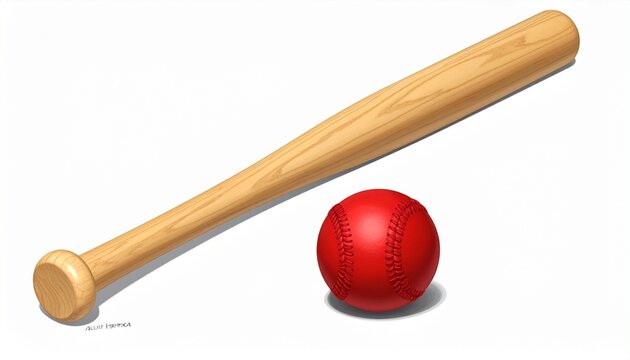 A realistic digital illustration of a wooden baseball bat and a vibrant red baseball placed diagonally on a clean white surface. The bat stretches from the top right to the bottom left, its natural wo