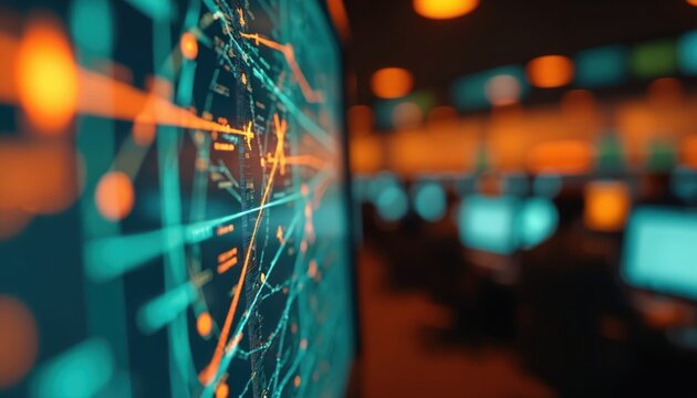 Close-up of air traffic control radar screen with glowing flight paths and aircraft symbols. Aviation safety, airspace monitoring and flight tracking technology concepts.