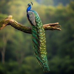Naklejka premium A vibrant peacock perched on a tree branch in a lush forest setting with green foliage