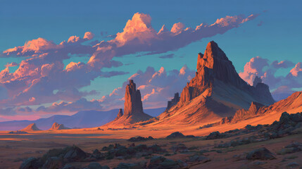 Naklejka premium Sunset over dramatic desert rock formations, casting golden hues