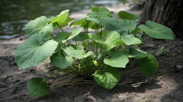 Lush green gotu kola plant with numerous leaves growing from moist earth, showcasing its abundant root system.