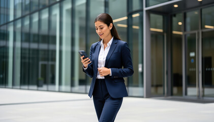 Fototapeta premium Professional Woman in Urban Landscape: A poised and professional woman, smartly dressed in a suit, navigates a modern urban landscape while engaged with her mobile phone.