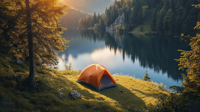 Bright orange camping tent pitched on grassy hill beside calm lake surrounded by dense forest and mountains, bathed in warm sunlight creating peaceful outdoor scene