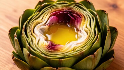 Obraz premium Artichoke Heart with Delightful Center: A close-up shot showcasing the intricate layers of an artichoke heart, revealing a captivating blend of colors.
