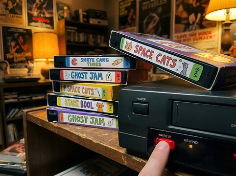 Retro Finger Pressing Rewind on Vintage Vhs Player