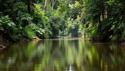 Obraz premium Emerald Canopy Reflections: A tranquil river winds its way through a lush rainforest, the water surface mirroring the verdant foliage above in a serene spectacle.