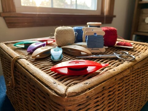 Tatting Shuttles and Threads on Wicker Basket