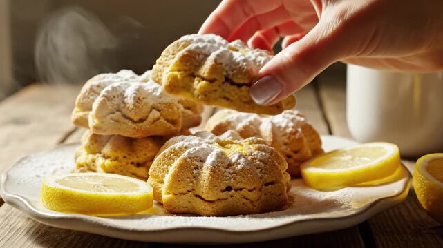 Warm, freshly baked cookies dusted with powdered sugar and lemon slices