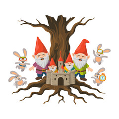Naklejka premium Gnomes Guarding Castle under Tree with Rabbits