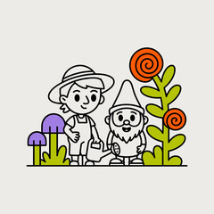 Fototapeta premium Child and Gnome in Garden with Flowers