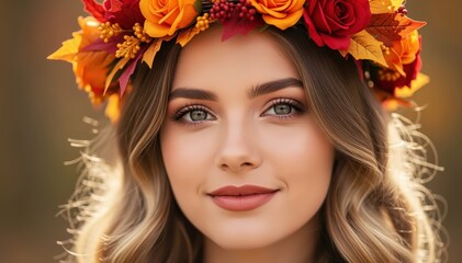 Fototapeta premium Autumnal Blossom: A woman, adorned with a vibrant floral crown, exudes an aura of natural beauty and the warm embrace of autumn. A perfect symbol of grace, and seasonal charm.