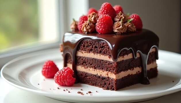 Chocolate layer cake topped with fresh raspberries, creamy frosting. Ganache glaze drips down sides of decadent dessert. Presented on white plate with natural window light creating soft inviting glow.