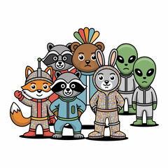 Fototapeta premium Cartoon Animals and Aliens in Space Suits