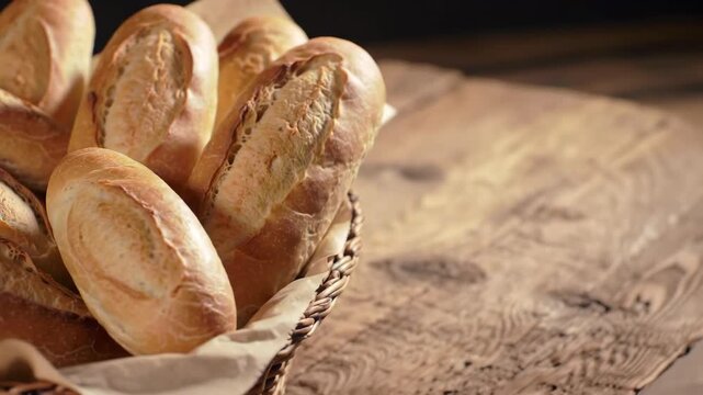 Fresh baguettes in wicker basket on wooden table. Bread, food, bakery, baked, rustic, crusty, healthy.