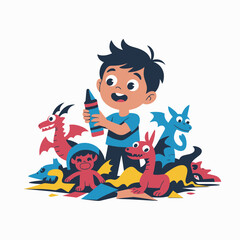 Naklejka premium Boy Playing with Colorful Markers and Dragon Toys on White Background