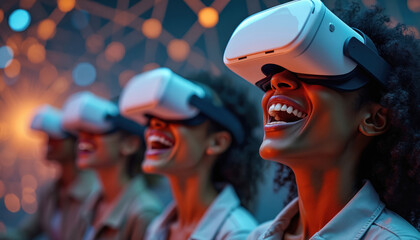 Fototapeta premium Group of young women wearing VR headsets laugh with joy. Friends explore virtual reality together. Experiencing digital entertainment and future tech.