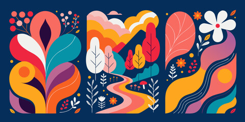 Naklejka premium Vibrant abstract nature compositions feature stylized foliage, winding paths, and bold geometric shapes presented in a dynamic three-panel vertical layout against dark blue.