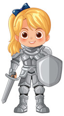 Naklejka premium Blonde Girl in Shining Knight Armor Holding Sword and Shield