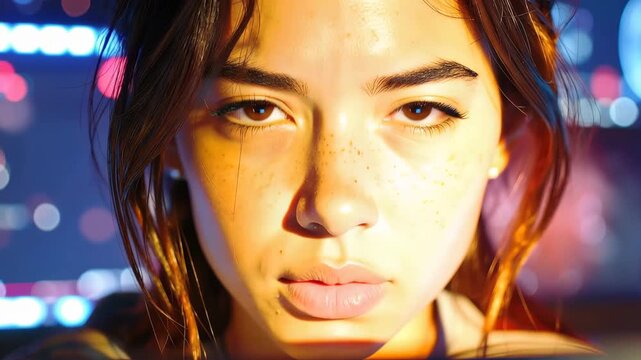 Intense Gaze: A captivating close-up of a woman with a strong and assertive expression. Focus on the raw emotion and natural beauty, evoking depth of character and untold stories.