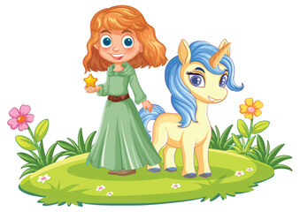 Naklejka premium Young Girl Holding Star with Blue-Haired Unicorn