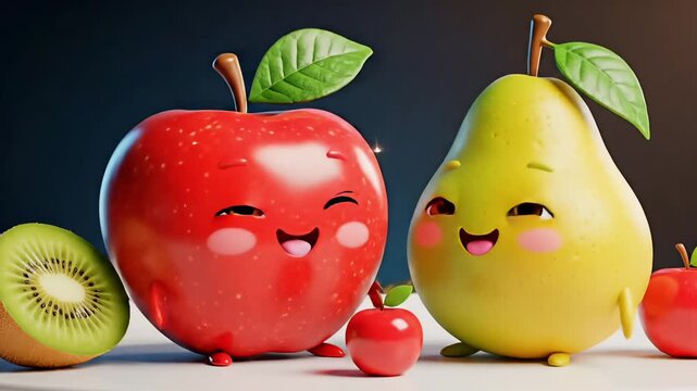 Fruit cartoon characters apple and pear with kiwi cute mascot animation video for kids healthy food concept fresh nutrition lifestyle branding content