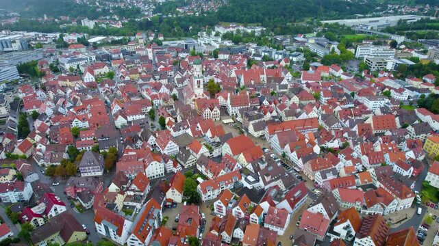 Aerial view of the city Biberach in Germany on a cloudy day in summer
