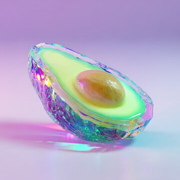 Glass-like avocado slice with rainbow reflections