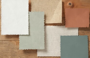 Fototapeta premium Assorted fabric samples arranged on wood. Offers neutral, earthy tones. Ideal for interior design mood boards, material selection, or color palette inspiration for crafts.