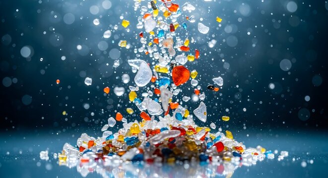 A pile of multicolored plastic pills and capsules exploding upwards in a dynamic motion against a dark blue background with bokeh lights.