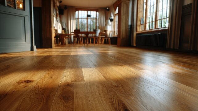 Smooth polished oak wood flooring reflecting ambient light, creating a warm and inviting interior.
