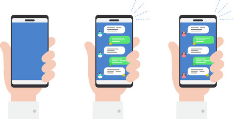 スマートフォンを持っている手のセット、チャットの画面、オンラインメッセージ © DragonTiger8