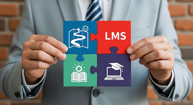 LMS Learning Management System Concept with Businessman Holding Digital Tablet