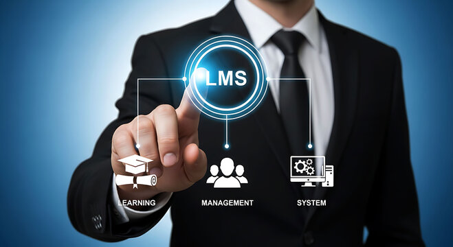 Businessman touching LMS icon for learning management system and online education