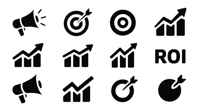 Marketing growth concept with silhouette logos and icons for business strategy roi and target audience engagement on white background