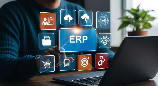 Businessman touching ERP software interface for enterprise resource planning management