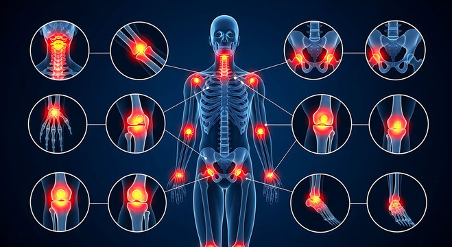 Human skeleton highlighting joint pain and inflammation in various body parts