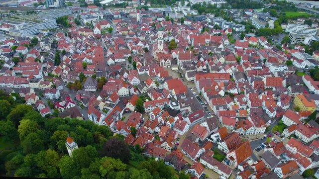 Aerial view of the city Biberach in Germany on a cloudy day in summer