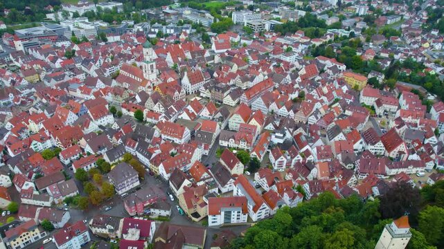 Aerial view of the city Biberach in Germany on a cloudy day in summer