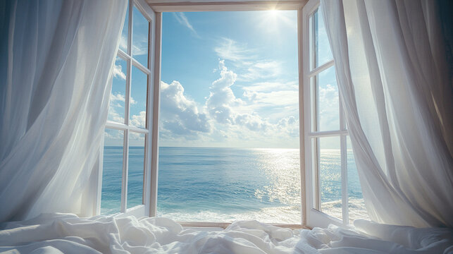 Dreamy seaside view through open window with soft white curtains gently blowing, sunlight reflecting on calm ocean water under partly cloudy sky creating peaceful atmosphere