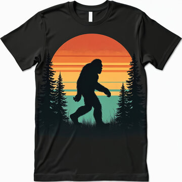 Bigfoot silhouette walks in forest during sunset. Retro graphic apparel design shows hairy creature against colorful striped sun and pine trees. Mythical cryptid walks outdoor.